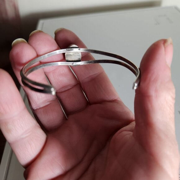 Navajo Old Pawn Sterling Silver Cuff Bracelet With Turquoise Stone & Double Band - Picture 4 of 5